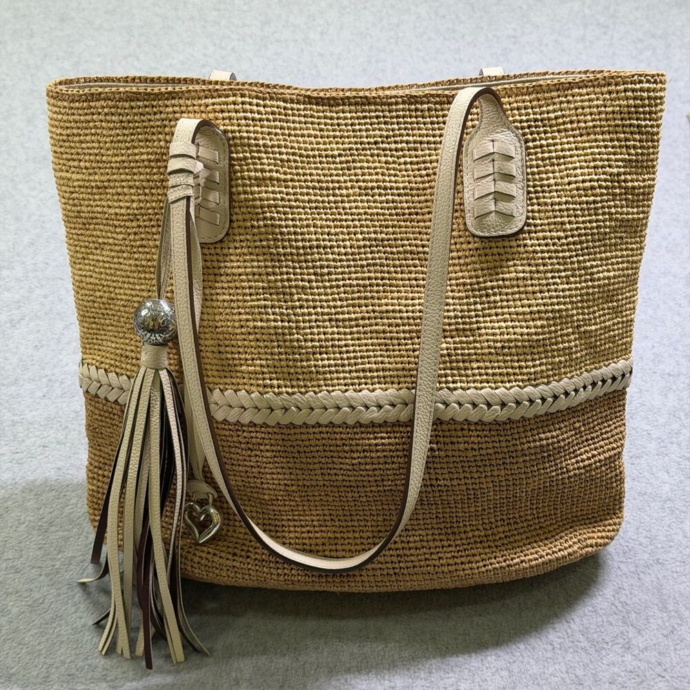 Brighton Straw Tote Bag Two Tone Woven Tassel Heart Charm Handcrafted Madagascar